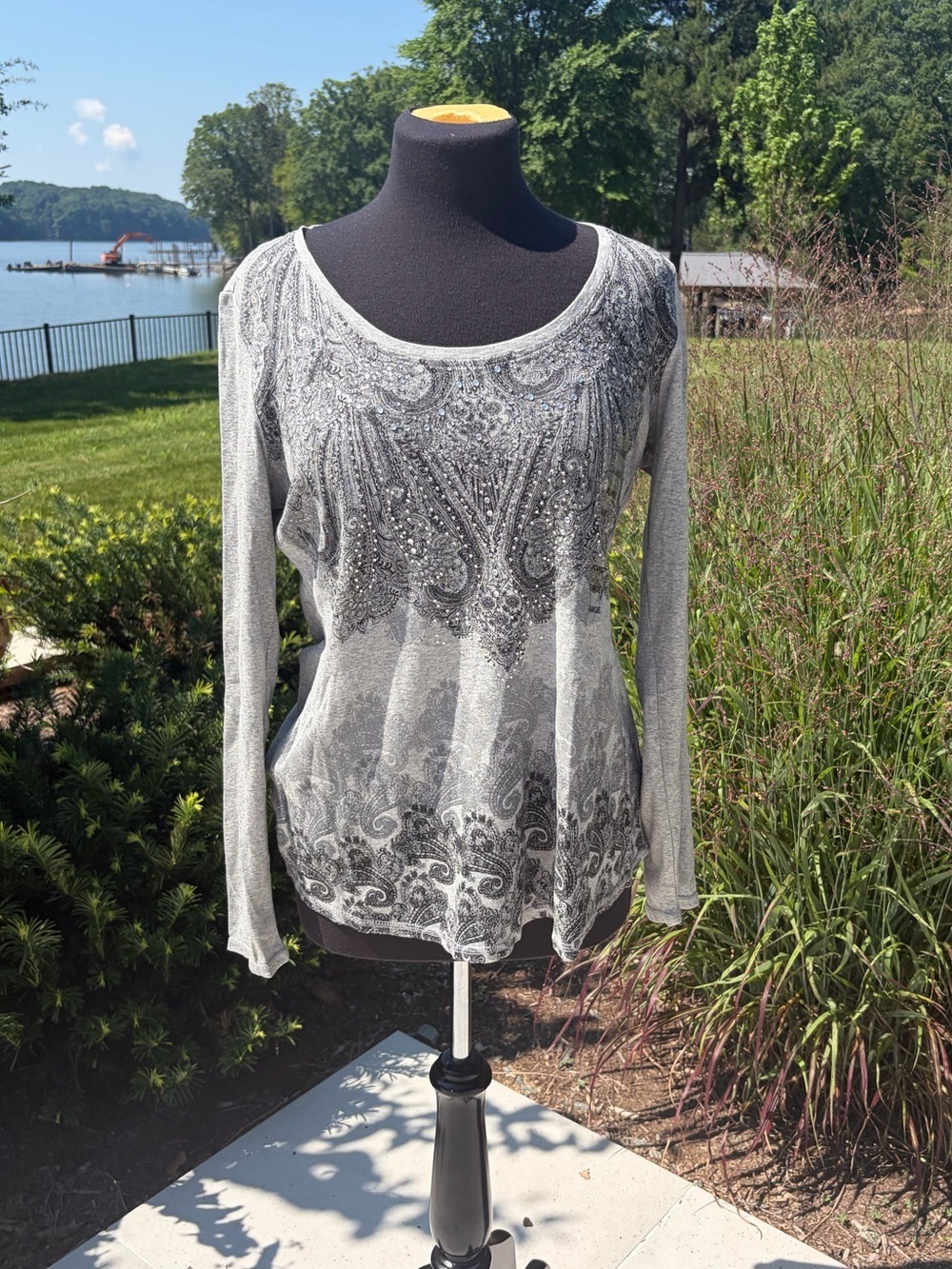 NWT RXB Gray Embellished Rhinestone Long Sleeve Top XL Y2K Boho Glam